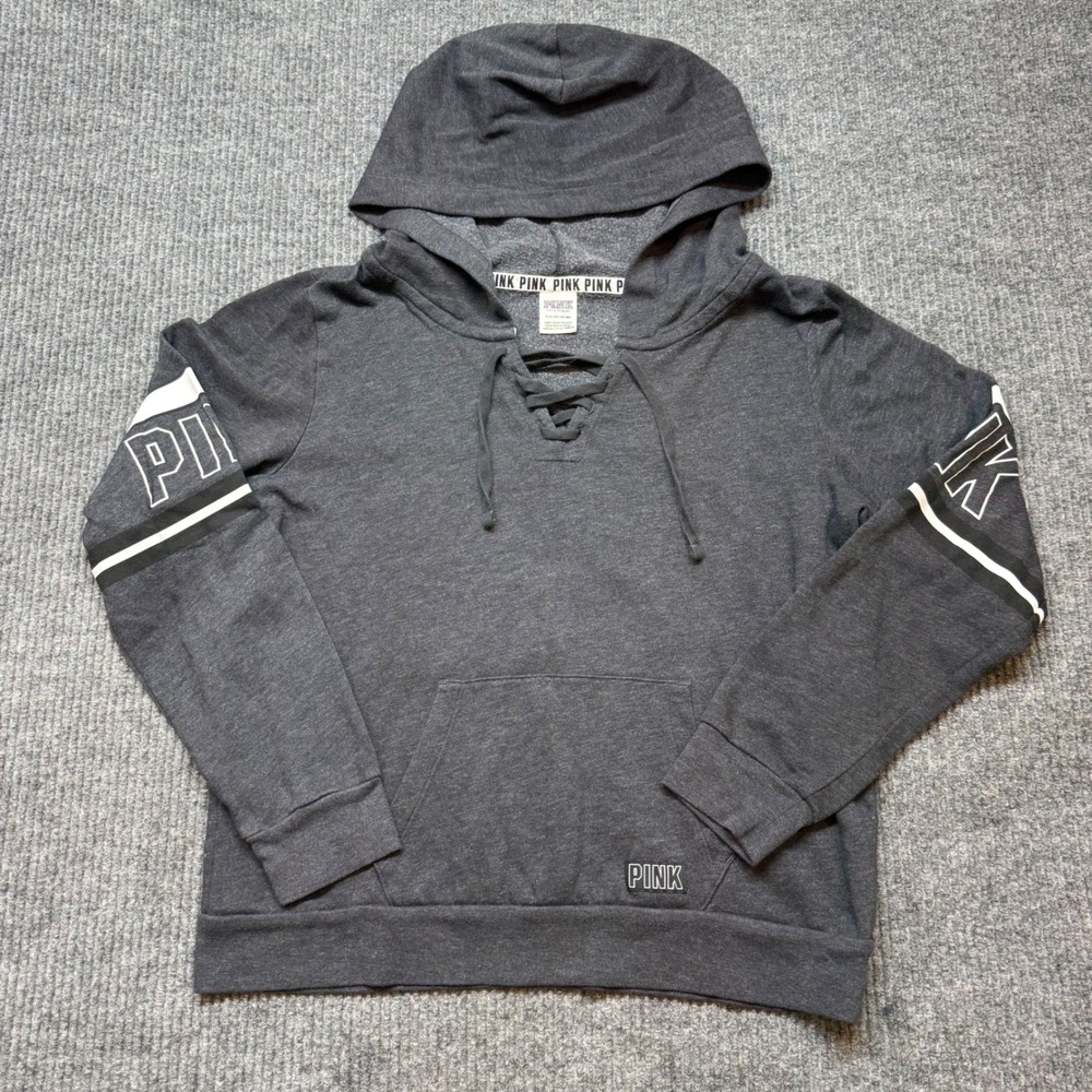 Victoria's Secret PINK Lace Up Hoodie Small Gray Spell Out Sleeve‎ Pullover